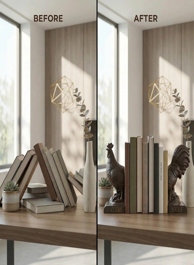 Comfy Hour 10" Bronze Rooster Antique Vintage Figurine Style Bookends, Rustic Farmhouse Animal Statue Home Decor, Heavy Duty Book Stoppers Pair - Image 5