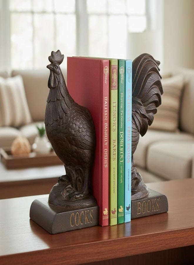 Comfy Hour 10" Bronze Rooster Antique Vintage Figurine Style Bookends, Rustic Farmhouse Animal Statue Home Decor, Heavy Duty Book Stoppers Pair - Image 4