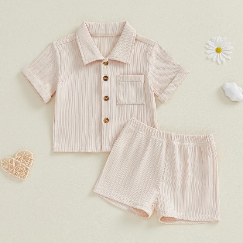 fhutpw Baby Boy Clothes Toddler Infant Leisure Ribbed Button Down Shirt Tops + Shorts Set 2PCS Summer Soft and Smooth Outfit (A Off-White, 18-24 Months) - Image 5