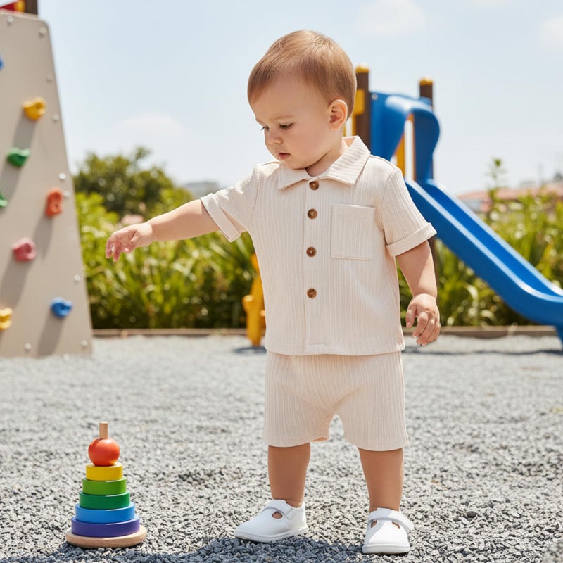 fhutpw Baby Boy Clothes Toddler Infant Leisure Ribbed Button Down Shirt Tops + Shorts Set 2PCS Summer Soft and Smooth Outfit (A Off-White, 18-24 Months) - Image 2