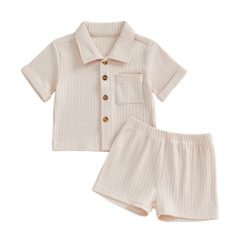 fhutpw Baby Boy Clothes Toddler Infant Leisure Ribbed Button Down Shirt Tops + Shorts Set 2PCS Summer Soft and Smooth Outfit (A Off-White, 18-24 Months) - Image 1