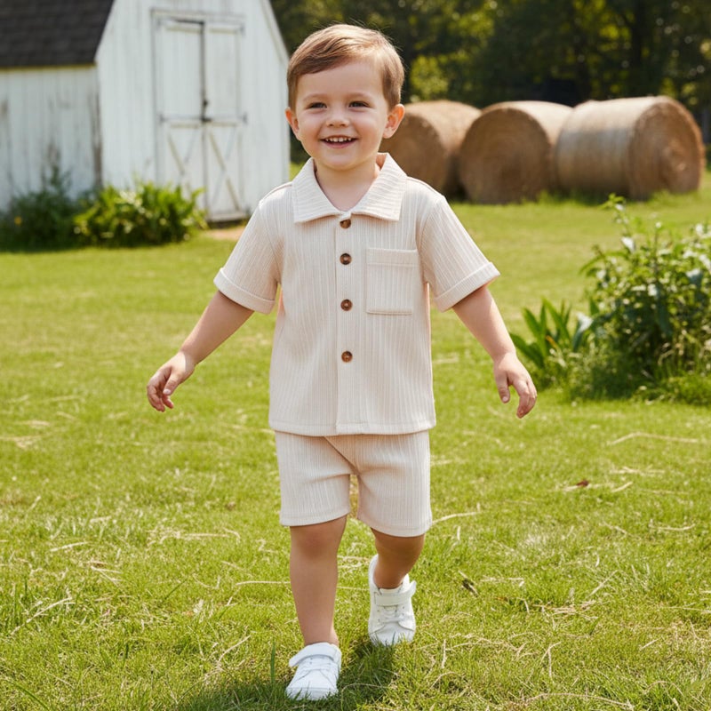fhutpw Baby Boy Clothes Toddler Infant Leisure Ribbed Button Down Shirt Tops + Shorts Set 2PCS Summer Soft and Smooth Outfit (A Off-White, 18-24 Months) - Image 4