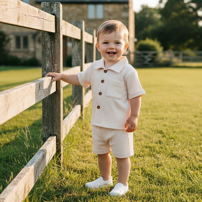 fhutpw Baby Boy Clothes Toddler Infant Leisure Ribbed Button Down Shirt Tops + Shorts Set 2PCS Summer Soft and Smooth Outfit (A Off-White, 18-24 Months) - Image 3
