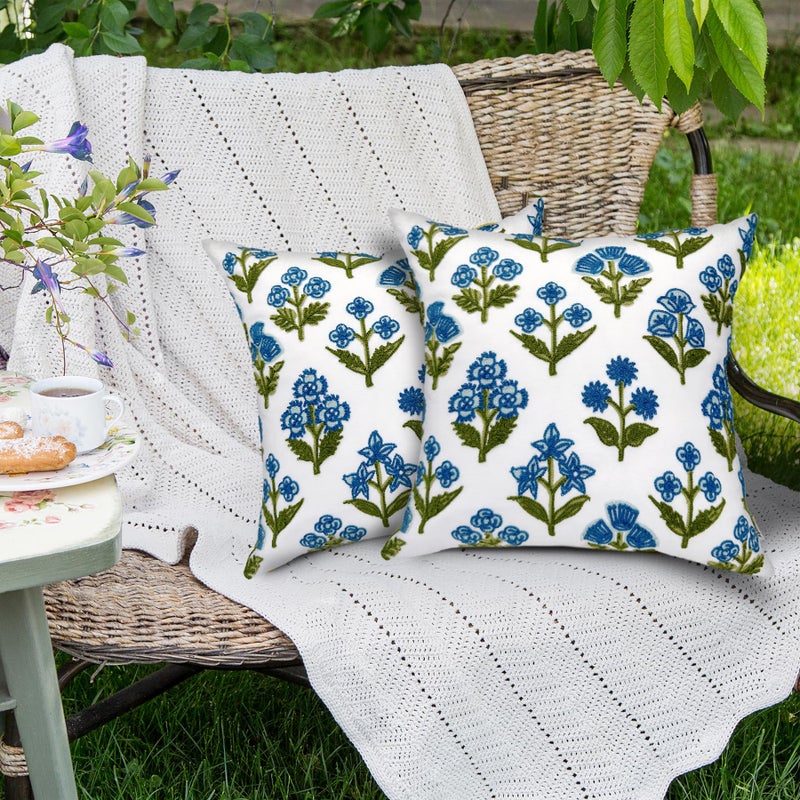 Alysheer Summer Floral Embroidered Decorative Throw Pillow Covers 18"x 18" Set of 2, Farmhouse Blue Green Flowers Block Patterned Cotton Cushion Cases for Couch Bed Living Room Decor - Image 3