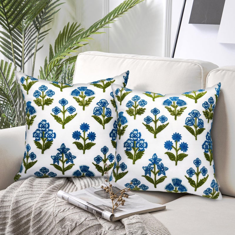Alysheer Summer Floral Embroidered Decorative Throw Pillow Covers 18"x 18" Set of 2, Farmhouse Blue Green Flowers Block Patterned Cotton Cushion Cases for Couch Bed Living Room Decor - Image 2
