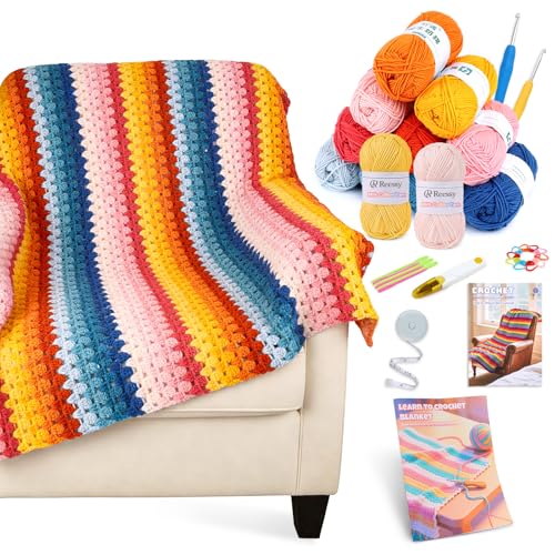 Reessy Crochet Blanket Kit for Beginners Adults – 12-Color Granny Stripe Crochet Kit with Milk Cotton Yarn, Hooks & Instructions – Beginner Crochet Blanket Kit for Travel, Car Throw & Home Décor - Image 1