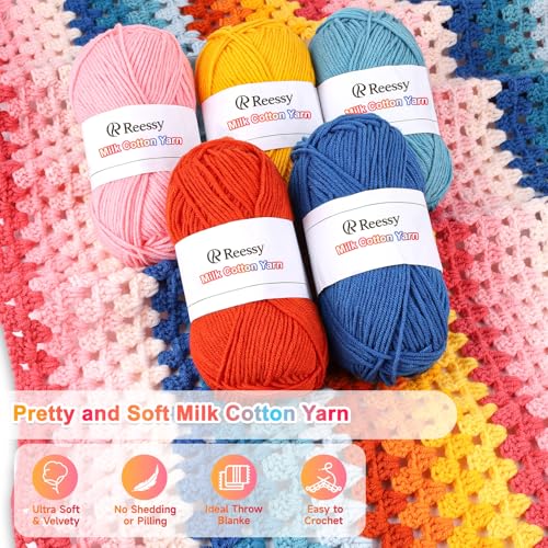 Reessy Crochet Blanket Kit for Beginners Adults – 12-Color Granny Stripe Crochet Kit with Milk Cotton Yarn, Hooks & Instructions – Beginner Crochet Blanket Kit for Travel, Car Throw & Home Décor - Image 4