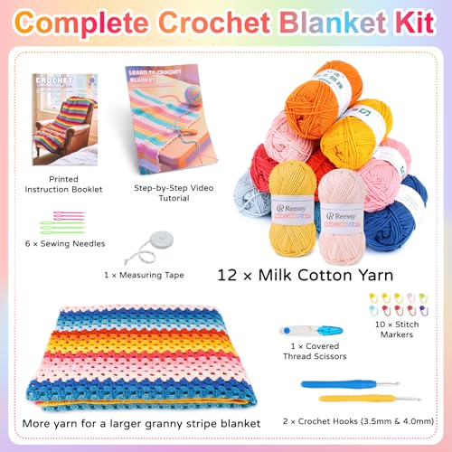 Reessy Crochet Blanket Kit for Beginners Adults – 12-Color Granny Stripe Crochet Kit with Milk Cotton Yarn, Hooks & Instructions – Beginner Crochet Blanket Kit for Travel, Car Throw & Home Décor - Image 2