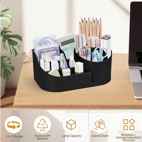 GROFFY Desk Organiser with Drawer, Multifunctional Desk Organizer, Office Organizer, 7 Compartments with 2 Drawer, Storage Shelf for Office,Stationary Oragnizers for Desk School (BLACK) - Image 3