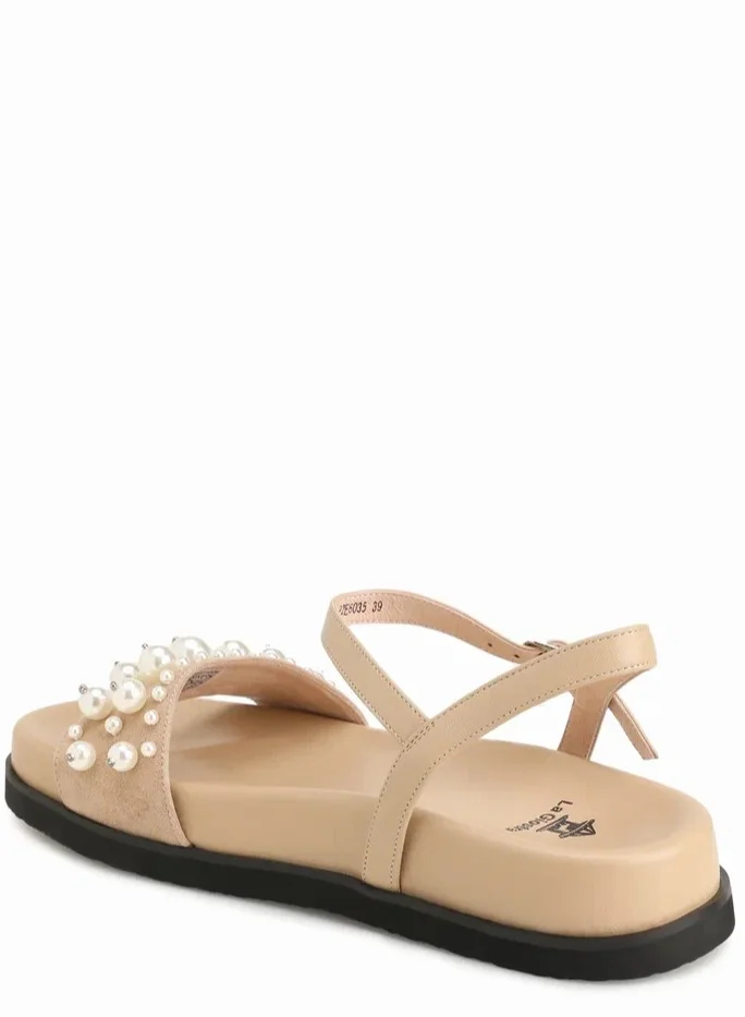 La Giostra Women's Leather Platform Sandal Decorated With Artificial Pearls Beige