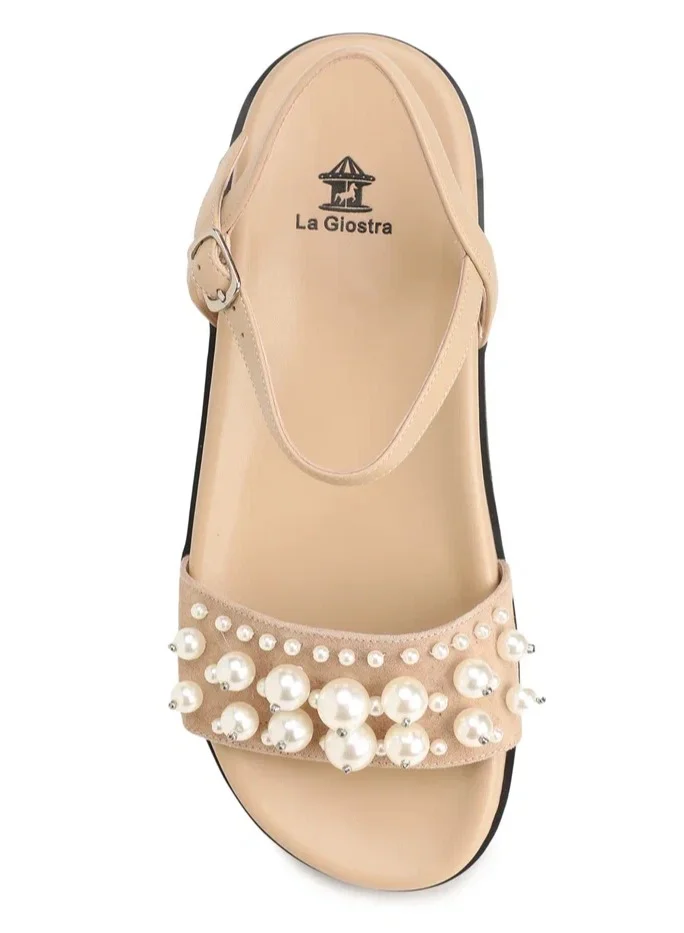 La Giostra Women's Leather Platform Sandal Decorated With Artificial Pearls Beige