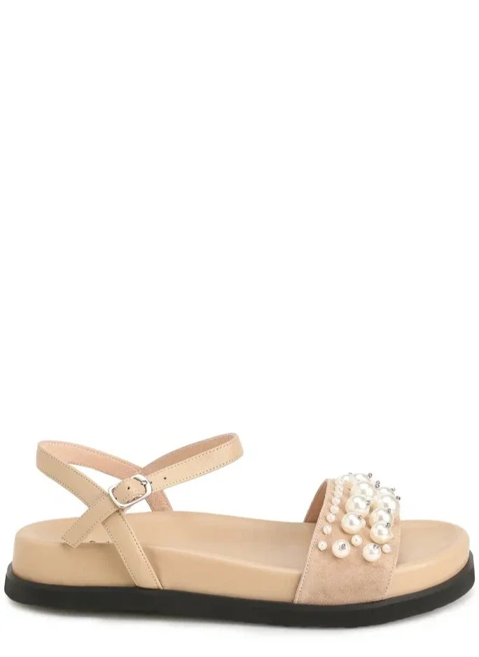La Giostra Women's Leather Platform Sandal Decorated With Artificial Pearls Beige