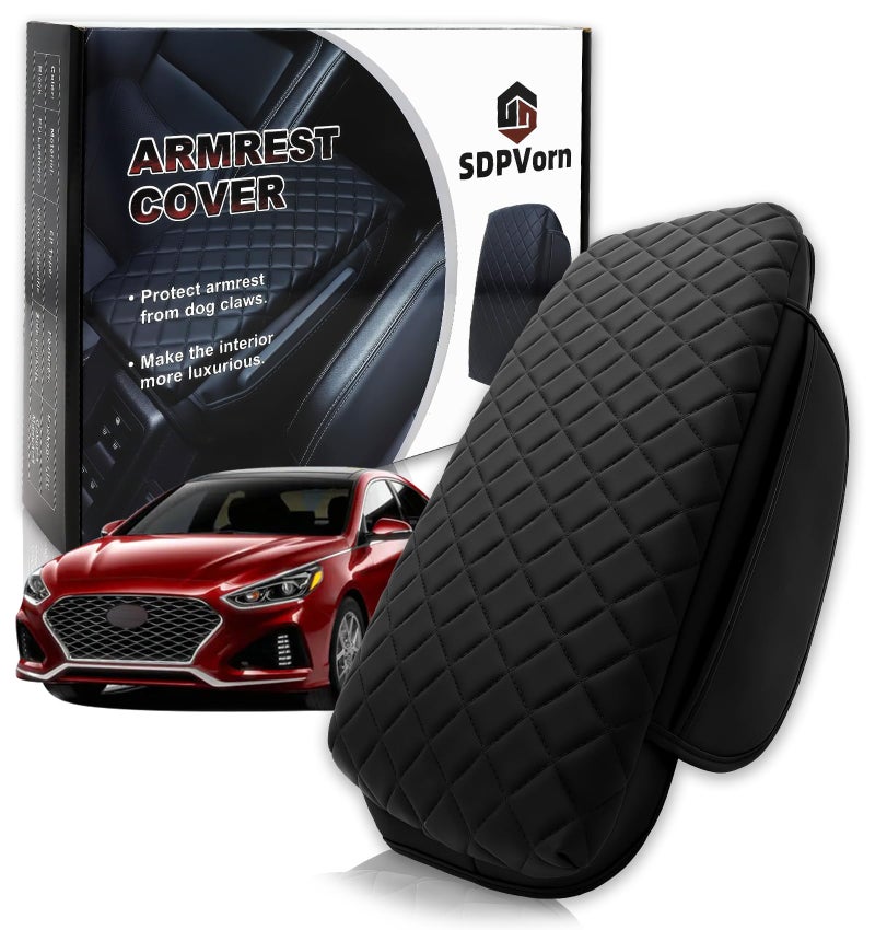 SDPVorn Armrest Cover for Hyundai Sonata 20152019 Center Console Pad with Organizer Storage Pockets Black Faux Leather Arm Rest Lid Protector Cushion Interior Accessories