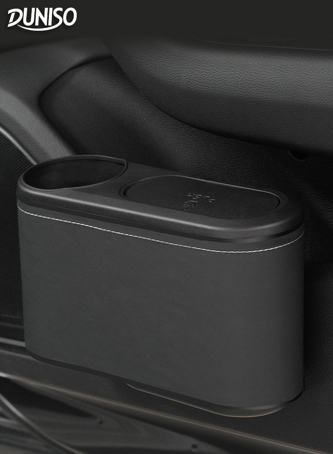 DUNISO Multifunctional Car Trash Can Hanging Leakproof Automobile Dustbin with Lid 2in1 Cup Holder Garbage Bin Compact Car Storage Box Versatile Door Organizer Durable Auto Garbage Can for Most Vehicles, SUVs, Trucks, Cars - Image 1