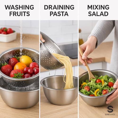 Snevad Stainless Steel Colander Bowl Set Microporous Metal Strainer & Mixing Bowl for Washing Vegetables, Fruits, Rice, Pasta – Kitchen Drain Basket Filter Basin (Veg. Basket Big Combo) - Image 3