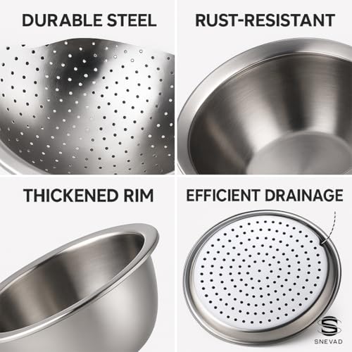 Snevad Stainless Steel Colander Bowl Set Microporous Metal Strainer & Mixing Bowl for Washing Vegetables, Fruits, Rice, Pasta – Kitchen Drain Basket Filter Basin (Veg. Basket Big Combo) - Image 2