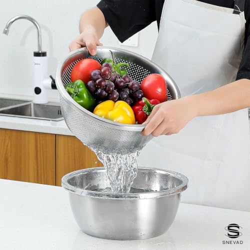 Snevad Stainless Steel Colander Bowl Set Microporous Metal Strainer & Mixing Bowl for Washing Vegetables, Fruits, Rice, Pasta – Kitchen Drain Basket Filter Basin (Veg. Basket Big Combo) - Image 5