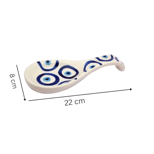 Malaikah White Ceramic Spoon Rest Evil Eye Print Hand-Made, Ideal for Kitchen, Tableware, Cutlery Rest, Pack of 1 - Image 3