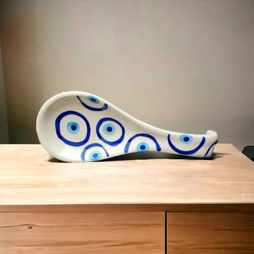 Malaikah White Ceramic Spoon Rest Evil Eye Print Hand-Made, Ideal for Kitchen, Tableware, Cutlery Rest, Pack of 1 - Image 2