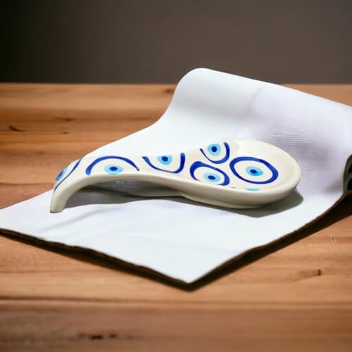Malaikah White Ceramic Spoon Rest Evil Eye Print Hand-Made, Ideal for Kitchen, Tableware, Cutlery Rest, Pack of 1 - Image 1