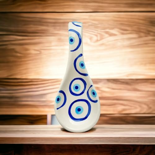 Malaikah White Ceramic Spoon Rest Evil Eye Print Hand-Made, Ideal for Kitchen, Tableware, Cutlery Rest, Pack of 1 - Image 4