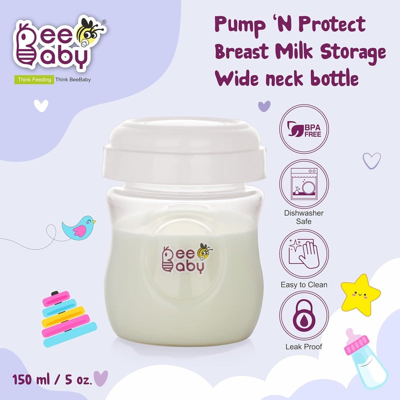 Beebaby زجاجات تخزين حليب الثدي BeeBaby Pump N' Protect. عبوة من 3 زجاجات لجمع الحليب تناسب معظم مضخات الثدي ذات العنق الواسع. خالية تمامًا من BPA. 150 مل / 5 أونصة. - Image 2