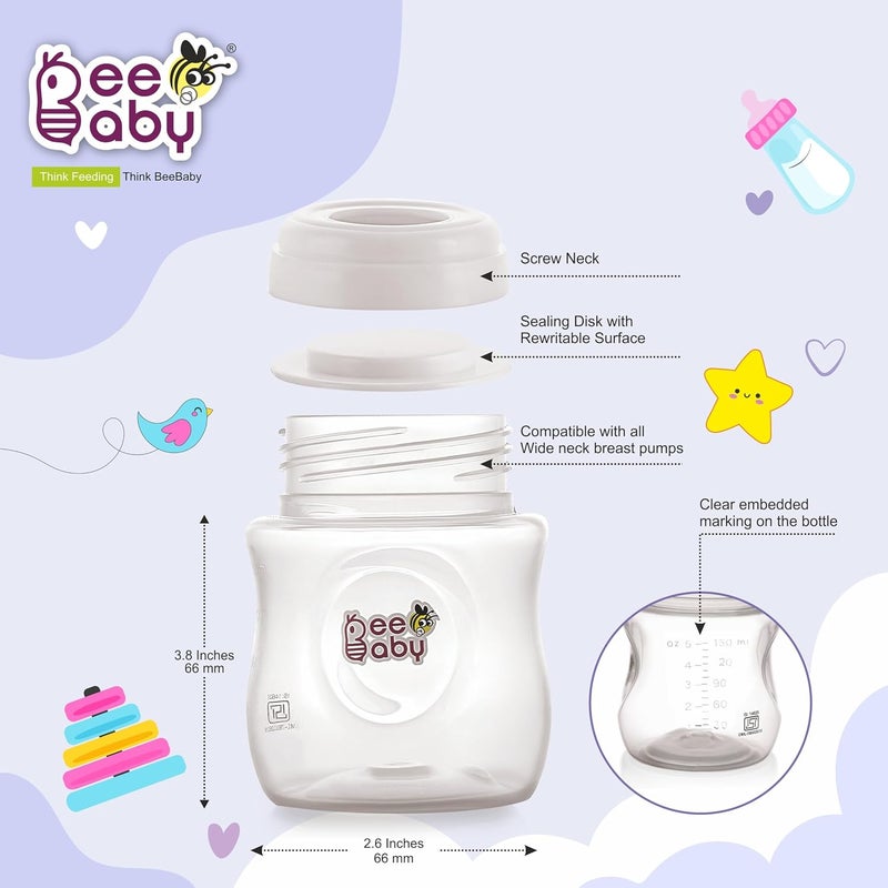 Beebaby زجاجات تخزين حليب الثدي BeeBaby Pump N' Protect. عبوة من 3 زجاجات لجمع الحليب تناسب معظم مضخات الثدي ذات العنق الواسع. خالية تمامًا من BPA. 150 مل / 5 أونصة. - Image 4