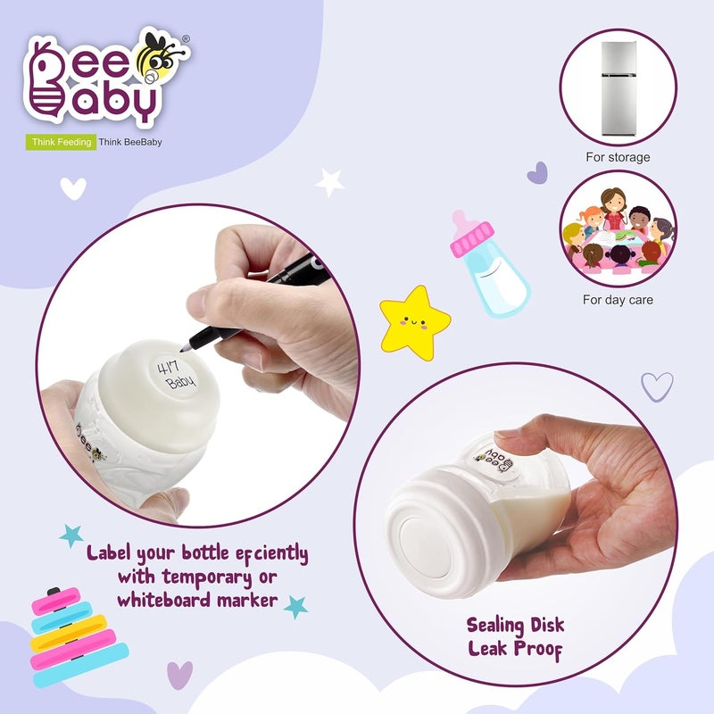 Beebaby زجاجات تخزين حليب الثدي BeeBaby Pump N' Protect. عبوة من 3 زجاجات لجمع الحليب تناسب معظم مضخات الثدي ذات العنق الواسع. خالية تمامًا من BPA. 150 مل / 5 أونصة. - Image 3