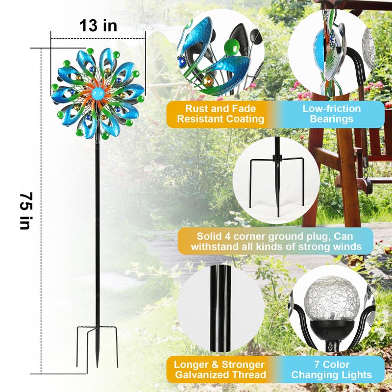 MLKNK Wind Spinners for Yard and Garden - Wind Sculptures & Spinners, 75 Inch, Navy Blue, Kinetic Art with Solar Powered Multi-Color Glass Ball Light - Image 3