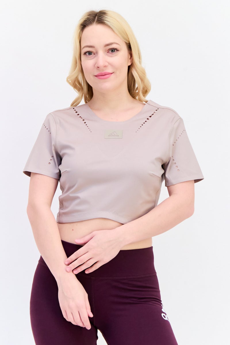 Adidas Women Sportswear Fit Short Sleeve Training Tops, Tan  - Image 1