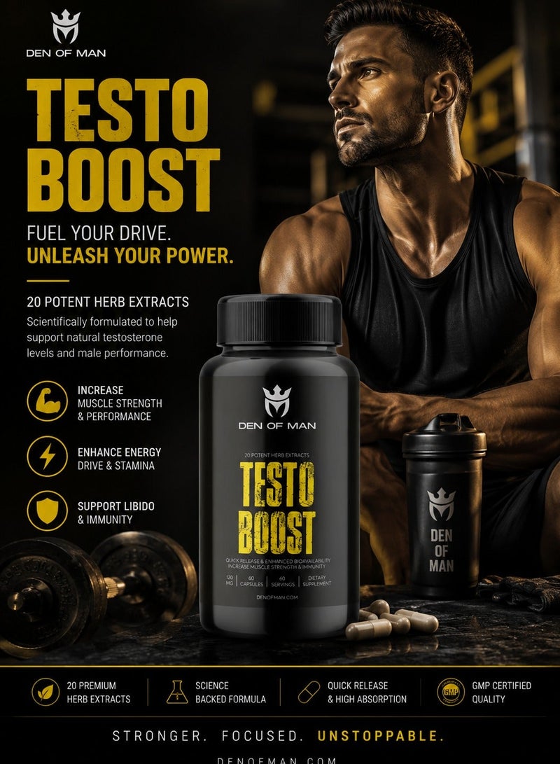 Den of Man Testosterone Booster Pills – Natural Testosterone Booster for Men, 20 Herbal Extracts, Energy Strength Stamina Support, 60 Capsules (60 Servings) - Image 2