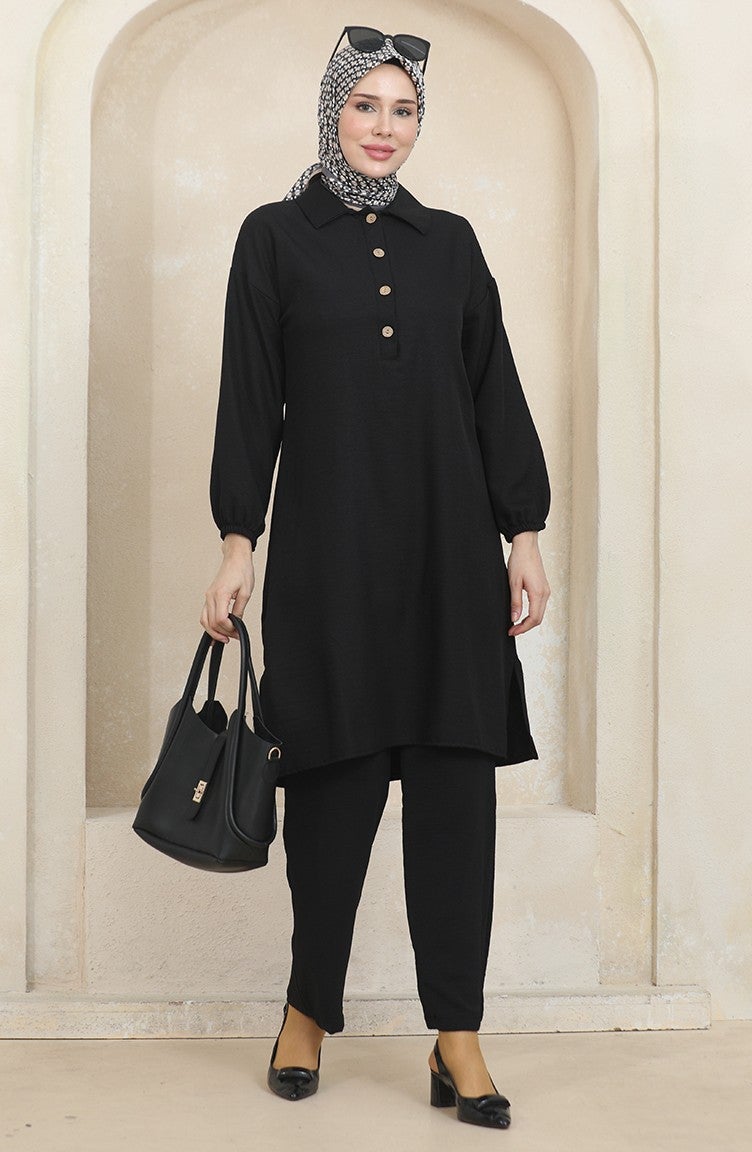 Sefa Merve Shirt Collar Tunic Trousers Two Piece Suit 1003-03 Black - Image 1