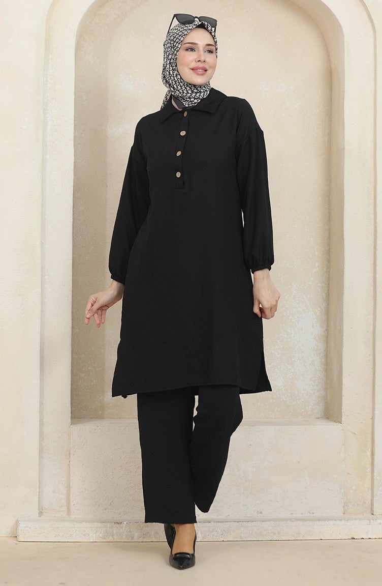 Sefa Merve Shirt Collar Tunic Trousers Two Piece Suit 1003-03 Black - Image 2
