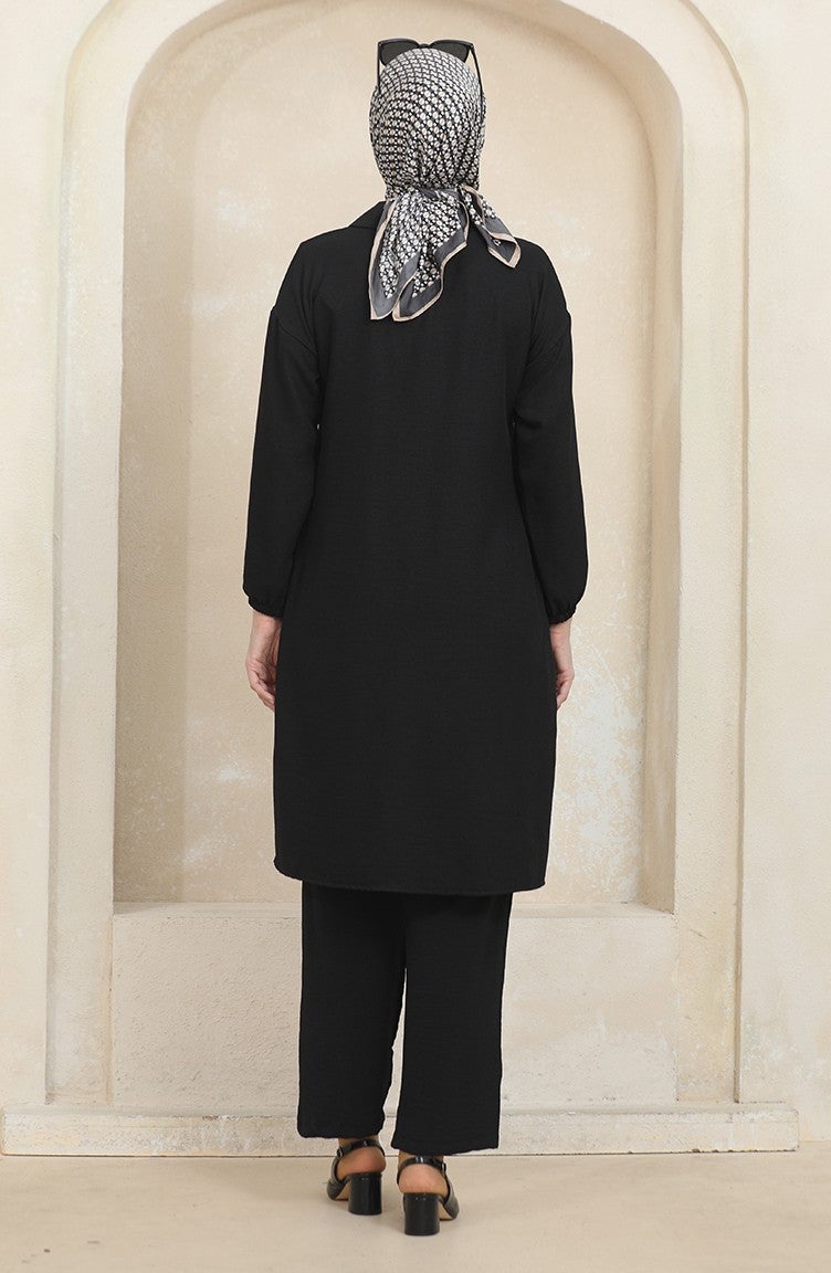 Sefa Merve Shirt Collar Tunic Trousers Two Piece Suit 1003-03 Black - Image 5