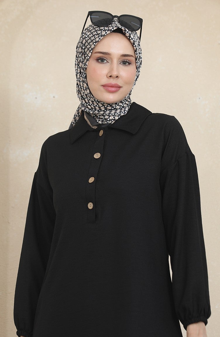Sefa Merve Shirt Collar Tunic Trousers Two Piece Suit 1003-03 Black - Image 3