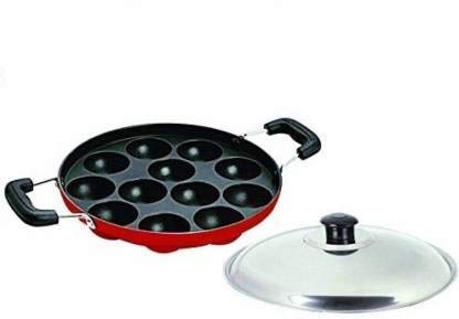 STEEPLE Non Stick Aluminium Appam Maker Pan 12 Cavity Appam Pan Pancake Maker Appam Maker with Side Handle Lid Cover Red - Image 1
