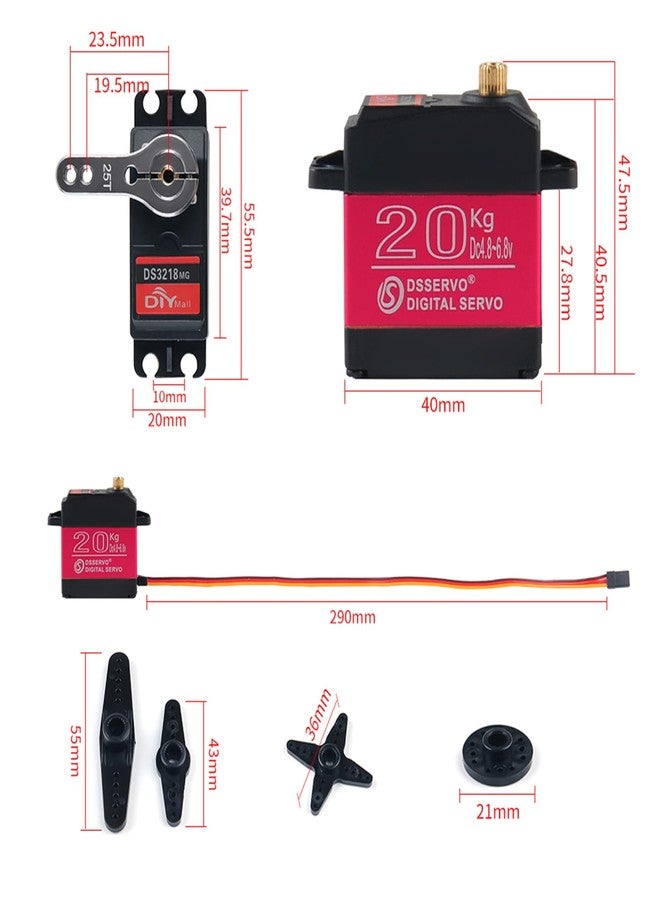 DIYmall 4 مجموعات 20 كجم DS3218 سيرفو رقمي عزم دوران كبير 180 درجة مع ذراع سيرفو 25T تروس معدنية كاملة ألعاب RC نموذج DIY مقاوم للماء لسيارات باجا - Image 5