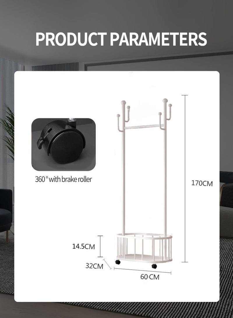 بيروي رف ملابس معدني قابل للدحرجة، رف ملابس معدني بعجلات وسلة تخزين، خطافات على شكل فرع، مناسب لتعليق الملابس والقبعات وحقائب اليد في غرفة المعيشة وغرفة النوم 60 سم - Image 3