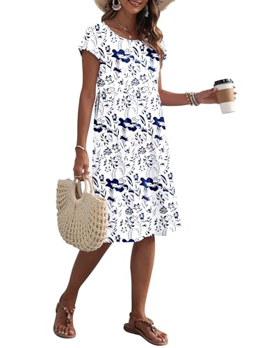 AUSELILY Women's Summer Short Sleeve Knee-Length Dresses Round Neck Loose Dress with Pockets 2026 New, Flowers Leaves White L - Image 5