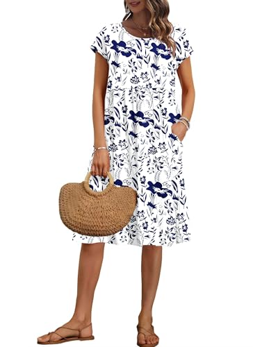 AUSELILY Women's Summer Short Sleeve Knee-Length Dresses Round Neck Loose Dress with Pockets 2026 New, Flowers Leaves White L - Image 1