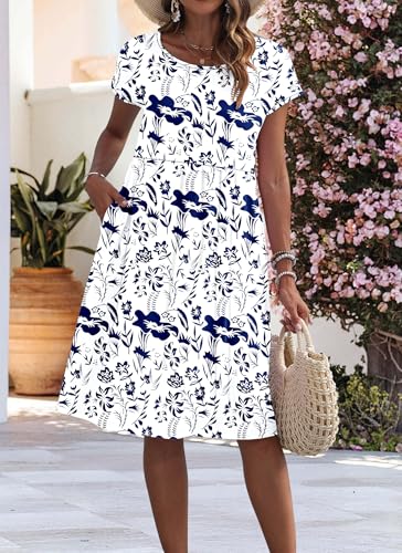 AUSELILY Women's Summer Short Sleeve Knee-Length Dresses Round Neck Loose Dress with Pockets 2026 New, Flowers Leaves White L - Image 3