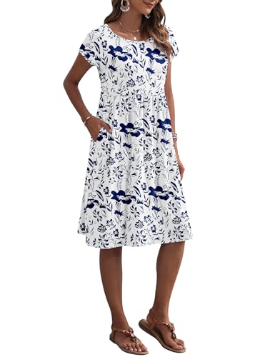 AUSELILY Women's Summer Short Sleeve Knee-Length Dresses Round Neck Loose Dress with Pockets 2026 New, Flowers Leaves White L - Image 2