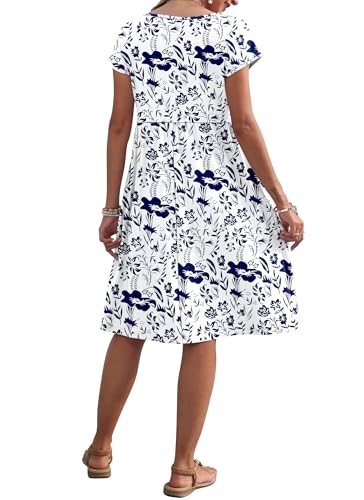 AUSELILY Women's Summer Short Sleeve Knee-Length Dresses Round Neck Loose Dress with Pockets 2026 New, Flowers Leaves White L - Image 4