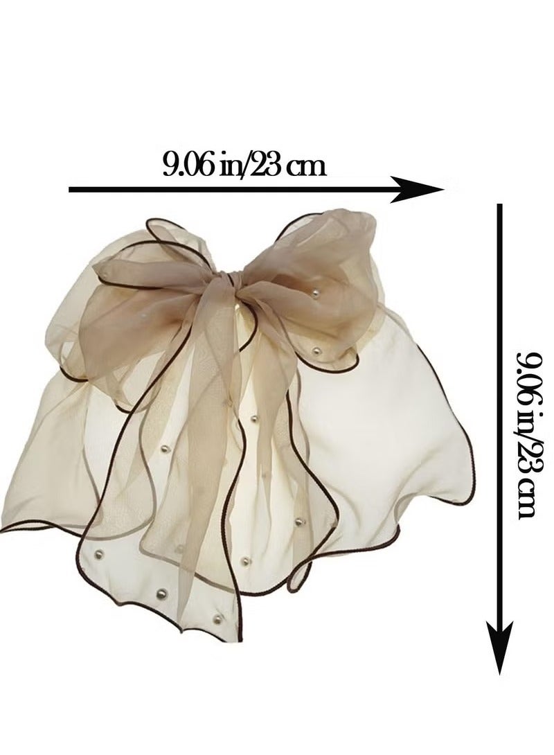 خاجول مشابك شعر كبيرة من التول الشبكي اللؤلؤي مكونة من قطعتين للنساء، إكسسوارات شعر جمالية بذيل طويل (وردي + بيج) - Image 2