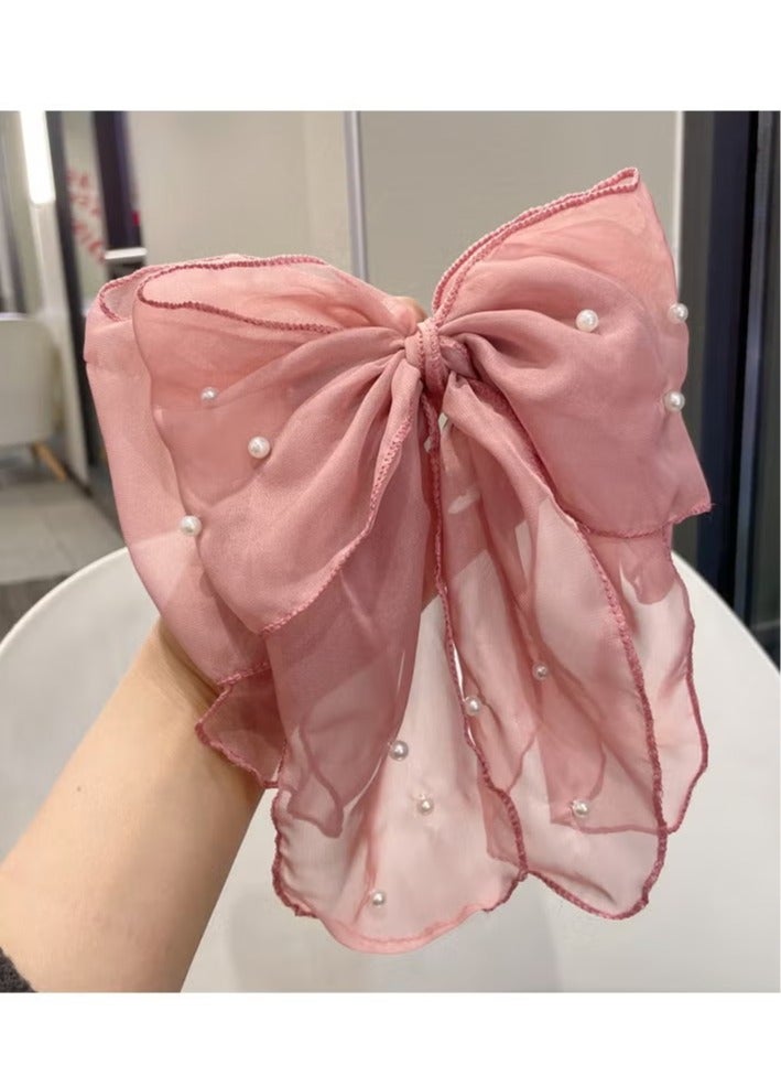 خاجول مشابك شعر كبيرة من التول الشبكي اللؤلؤي مكونة من قطعتين للنساء، إكسسوارات شعر جمالية بذيل طويل (وردي + بيج) - Image 3