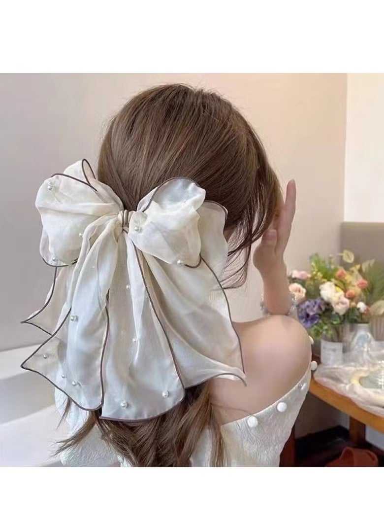 خاجول مشابك شعر كبيرة من التول الشبكي اللؤلؤي مكونة من قطعتين للنساء، إكسسوارات شعر جمالية بذيل طويل (وردي + بيج) - Image 4