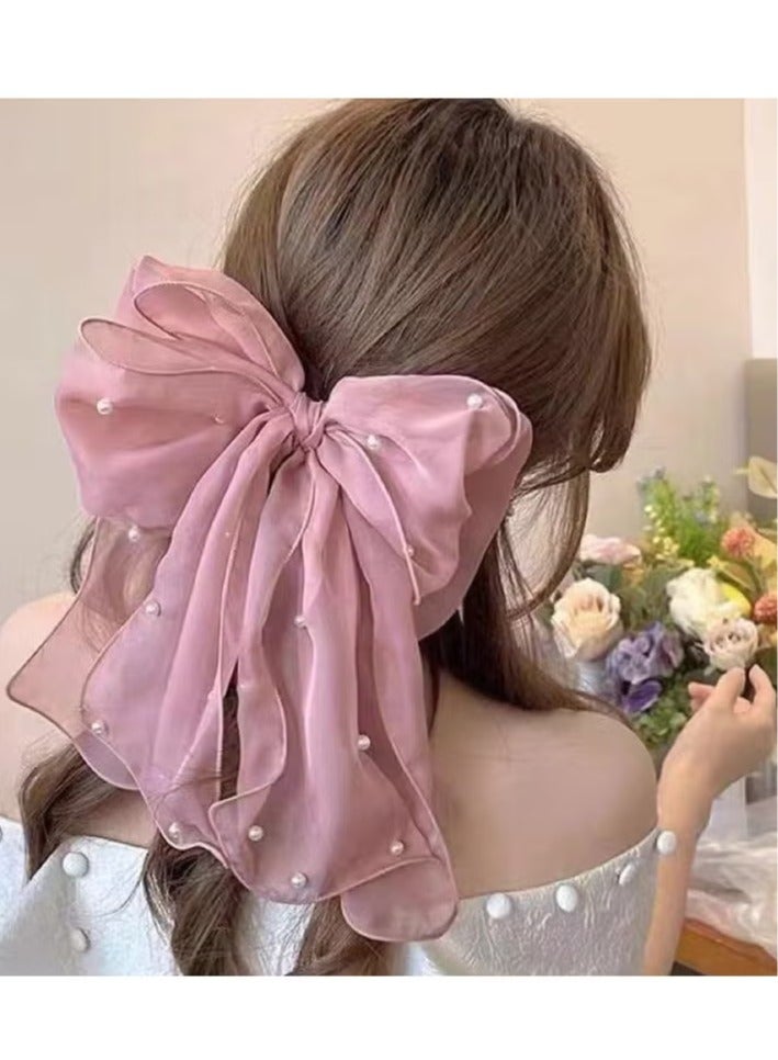 خاجول مشابك شعر كبيرة من التول الشبكي اللؤلؤي مكونة من قطعتين للنساء، إكسسوارات شعر جمالية بذيل طويل (وردي + بيج) - Image 5