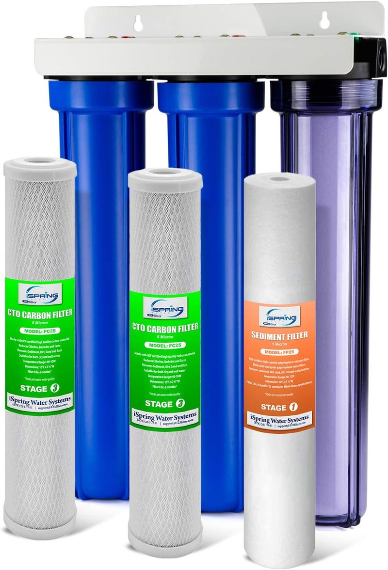 iSpring iSpring Whole House Water Filter System Reduces Chlorine Sediment Taste Odor 3Stage Whole House Water Filtration System w 20x25 Water Filters and Clear 1stStage Housing Model WCB32C  Replacement Sediment Two Carbon Block Cartridges Fits WCB32C  WCB32O  - Image 2