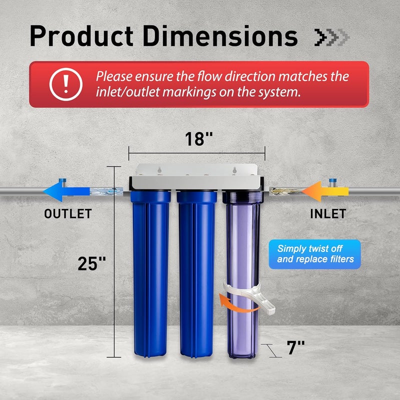 iSpring iSpring Whole House Water Filter System Reduces Chlorine Sediment Taste Odor 3Stage Whole House Water Filtration System w 20x25 Water Filters and Clear 1stStage Housing Model WCB32C  Replacement Sediment Two Carbon Block Cartridges Fits WCB32C  WCB32O  - Image 4