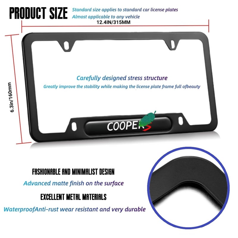 JULOPO 2 Pcs Black License Plate Frames Compatible with Mini Cooper License Plate Covers Metal Aluminum Material Screw caps Cover Set - Image 3